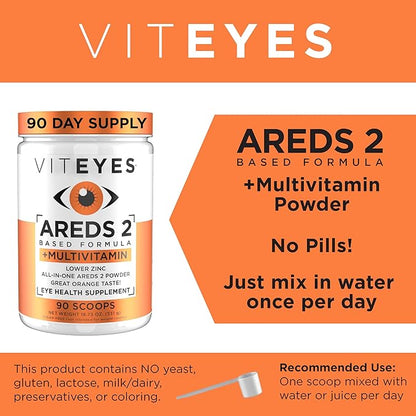 Viteyes AREDS 2 Powder + Multivitamin All-in-One, Macular Protection, Alternative to AREDS 2 chewables, No Pills, Lutein & Zeaxanthin, AREDS 2 Eye Vitamins Drink, Natural Orange Flavor, 90 Scoops
