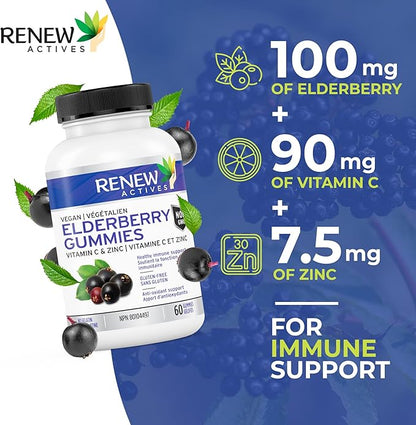 Renew Actives Vegan Elderberry Gummies with Vitamin C & Zinc - Antioxidants for Immune Function & Healthy Development of Bones, Cartilage, Hair, Nails, and Skin - 60 Gummies