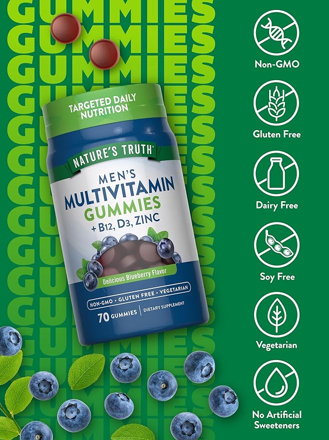 Nature's Truth Multivitamin for Men Gummies | 70 Count | Blueberry Flavor | with B12, D3, & Zinc | Vegetarian, Non-GMO, & Gluten Free Supplement