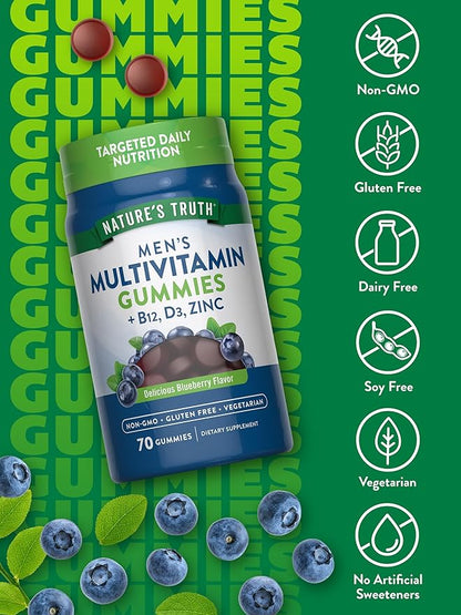 Nature's Truth Multivitamin for Men Gummies | 70 Count | Blueberry Flavor | with B12, D3, & Zinc | Vegetarian, Non-GMO, & Gluten Free Supplement