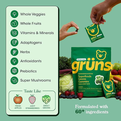 Sugar Free Super Greens Gummies: Organic Spirulina and Chlorella, Prebiotics for Digestive Health, 60+ Organic Ingredients, 20+ Vitamins and Minerals, Adaptogens, 28 Day Supply (224 Count)