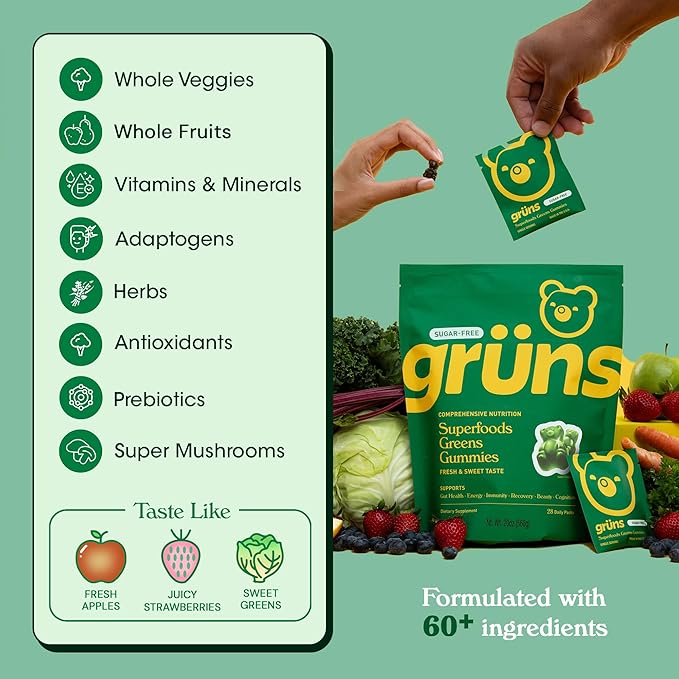 Gruns Adult Sugar-Free Super Greens Gummies - Superfood Gummy Bears with Spirulina, Chlorella & Prebiotics for Digestive Health - Adaptogens Supplement with 20 Vitamins & Minerals - 1 Month Supply