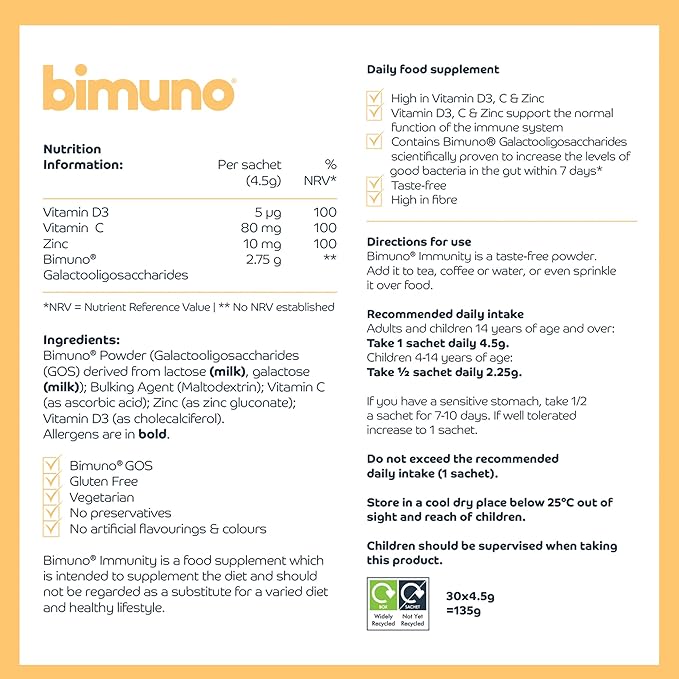 BIMUNO Immunity Food Supplement | Prebiotic Multivitamin for Women, Men & Kids | Immune System Support with Vitamin D3, C & Zinc | Vegetarian, Gluten Free, Halal, Kosher | (1 Pack (30 Sticks)