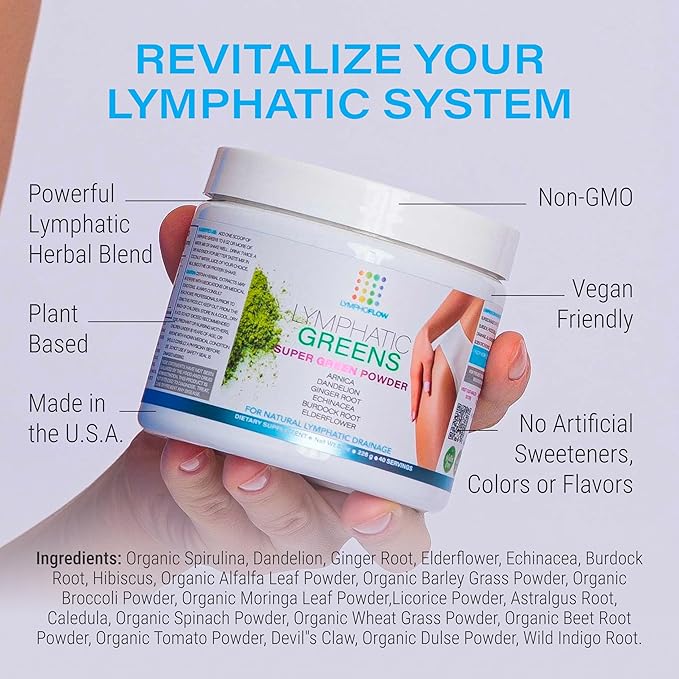 Lymphatic Greens: Superfood Powder Supplement, Vegan Greens Powder Supports Lymphatic System Health, Post Surgery Recovery for Liposuction, BBL & Lipedema, Body Detox, 8 OZ