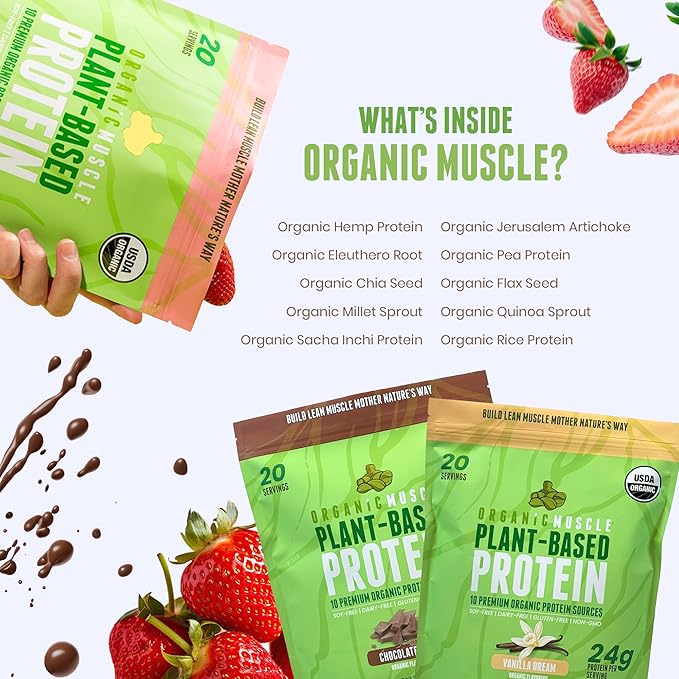 Organic Muscle Vegan Protein Powder - Plant Based Strawberry Multi-Sourced Protein Powder with Pea, Hemp, Brown Rice, Chia Seed & Amino Acids - Low Calorie for Muscle Growth & Speed Recovery