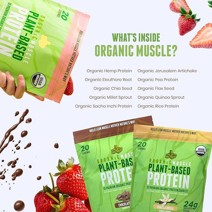 Organic Muscle Vegan Protein Powder - Plant Based Strawberry Multi-Sourced Protein Powder with Pea, Hemp, Brown Rice, Chia Seed & Amino Acids - Low Calorie for Muscle Growth & Speed Recovery