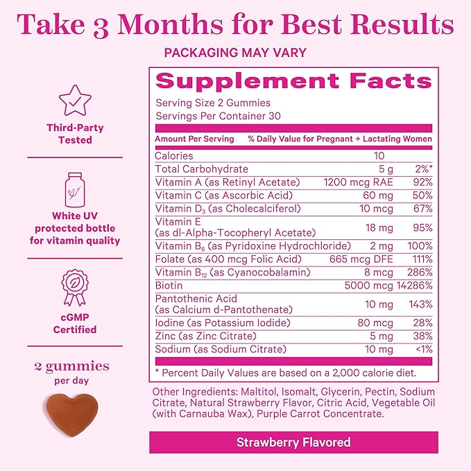 Pink Stork Postpartum Hair Loss Gummies - Biotin with Vitamin E, Pantothenic Acid, B6 & B12 for Beautiful & Strong Hair, Skin, and Nails - Postpartum Essentials for New Moms - 60 Gummy Vitamins