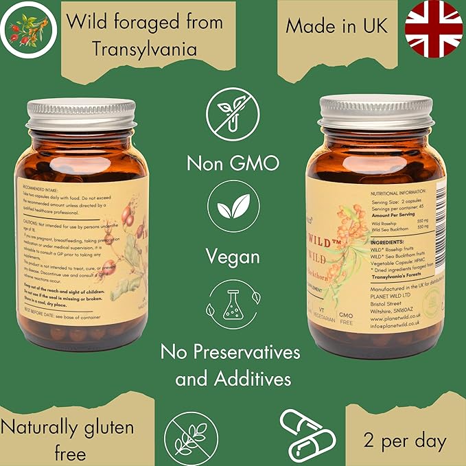 Immune Wild™| Wild Rosehip and SeaBuckthorn Formula for Immune Support | 90 Capsules | Made in UK | Rich in Omega Blend Fatty Acids, Multivitamins and Antioxidants | Zero Preservatives and Additives.