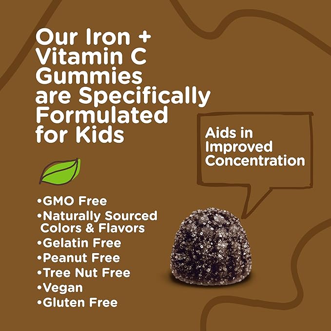 Iron Gummies for Kids with Vitamin C - Supports Energy, Blood Cell Formulation, Blood Builder Anemia Kids Iron Supplements - Vegan, Gelatin Free, Gluten Free - Tasty Chewable Grape Flavored Gummy