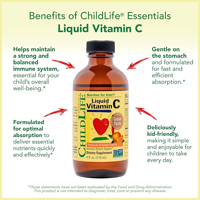 CHILDLIFE ESSENTIALS Kids Vitamin C - Liposomal Vitamin C Liquid for Kids, Toddlers & Babies, Pure Vitamin C Supplement, Immune System Support, Natural Orange Flavor, 4 Fl Oz (Pack of 1)