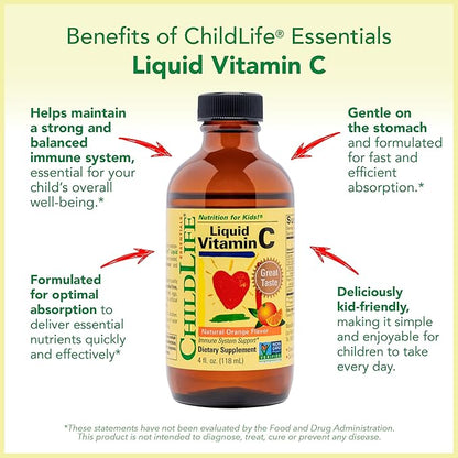 CHILDLIFE ESSENTIALS Kids Vitamin C - Liposomal Vitamin C Liquid for Kids, Toddlers & Babies, Pure Vitamin C Supplement, Immune System Support, Natural Orange Flavor, 4 Fl Oz (Pack of 1)