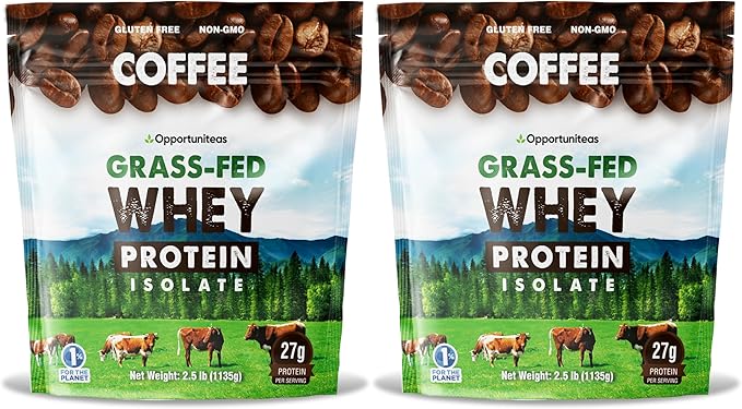 Opportuniteas Grass Fed Coffee Whey Protein Isolate Powder - 27g Protein Powder Without Artificial Sweeteners, 60mg Caffeine, Hormone-Free Cows - 5lb