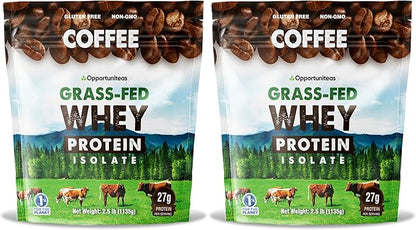 Opportuniteas Grass Fed Coffee Whey Protein Isolate Powder - 27g Protein Powder Without Artificial Sweeteners, 60mg Caffeine, Hormone-Free Cows - 5lb