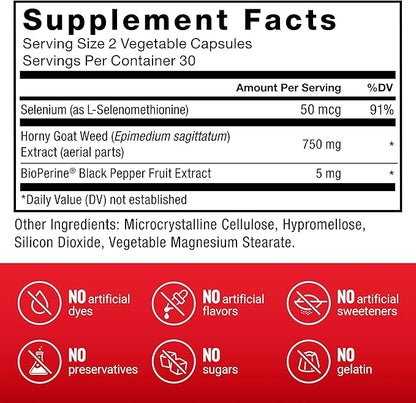 Force Factor Horny Goat Weed for Men, Natural Male Drive and Vitality Supplement with Natural Ingredients for Superior Absorption, Fundamental Series, 750mg, 60 Count (Pack of 2)