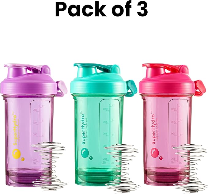 Super Hydro Protein Shaker Bottle [3 PACK] - 24 oz. BPA-Free, Non-Toxic, Durable, Leak Proof, Eco-Tritan, Best for Travel, Sports, Fitness for Men & Women (Lemon Lavender, Rosy Bloom, Frosted Mint)