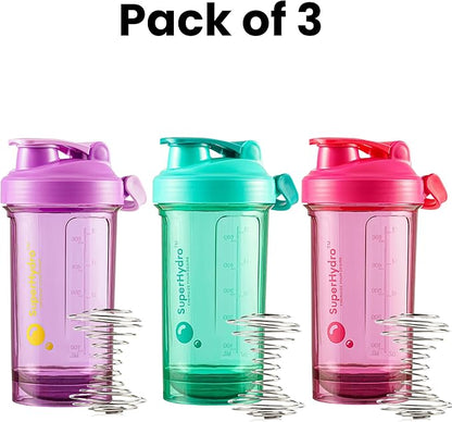 Super Hydro Protein Shaker Bottle [3 PACK] - 24 oz. BPA-Free, Non-Toxic, Durable, Leak Proof, Eco-Tritan, Best for Travel, Sports, Fitness for Men & Women (Lemon Lavender, Rosy Bloom, Frosted Mint)