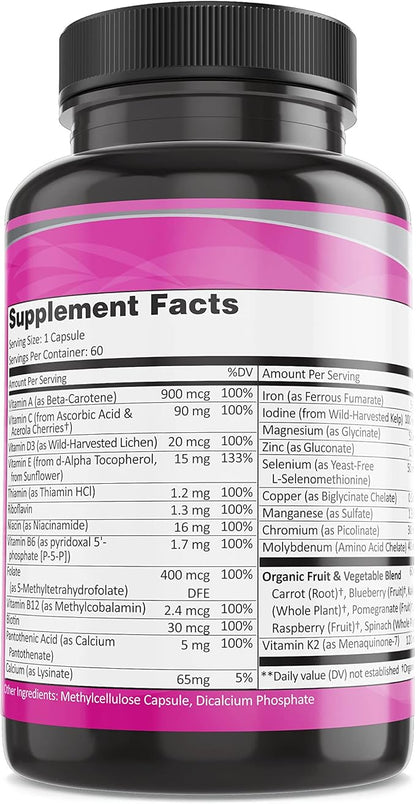 Pure By Nature One-Daily Multivitamin for Women, Immune Support Supplement with Non-GMO Ingredient, Vitamin & Minerals for Energy, 60 Veggie Capsules