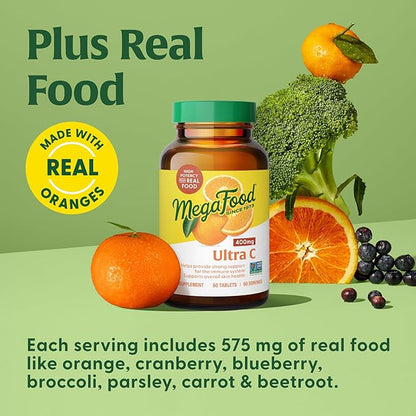 MegaFood Ultra C 400 mg - Vegan Immune Support Supplement with Vitamin C, Made with Real Food Including Broccoli, Carrot, Cranberry & Brown Rice, Gluten-Free, Kosher - 90 Tablets, 90 Servings