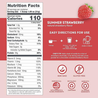 Designer Wellness, Designer Whey, Natural Whey Protein Powder with Probiotics, Fiber, and Key B-Vitamins for Energy, Gluten-Free, Summer Strawberry, 2 lb