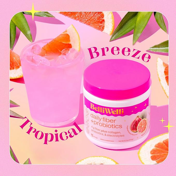 Daily Fiber Supplement Powder with Collagen, Probiotics & Electrolytes | Supports Digestive Health, Gut Balance & Debloating | Tropical Breeze | 16 Servings