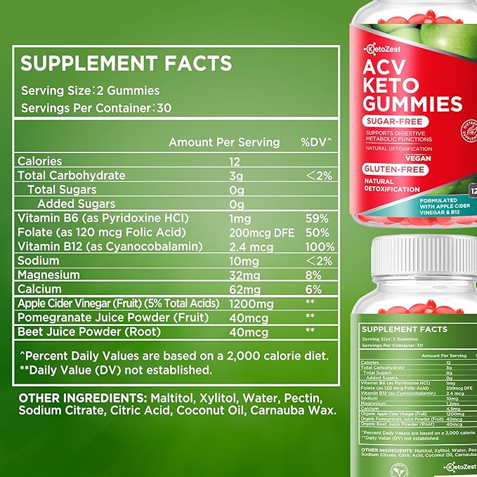 Keto Acv Gummies Supplement - Apple Cider Vinegar Gummies for Women Men - Sugar & Gluten Free (1200MG)