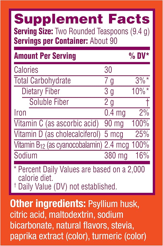 Metamucil Fizzy Fiber Supplement + Vitamins, Plant Based Psyllium Fiber Powder with Vitamins C, D & B12, Daily Supplement for Regularity + Metabolism of Fats and Proteins, Citrus Flavor, 90 Servings