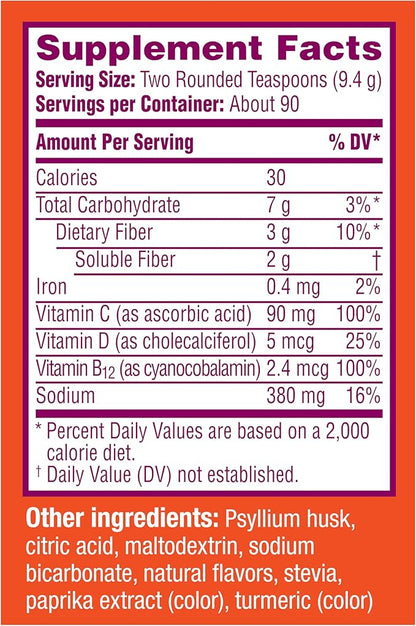 Metamucil Fizzy Fiber Supplement + Vitamins, Plant Based Psyllium Fiber Powder with Vitamins C, D & B12, Daily Supplement for Regularity + Metabolism of Fats and Proteins, Citrus Flavor, 90 Servings