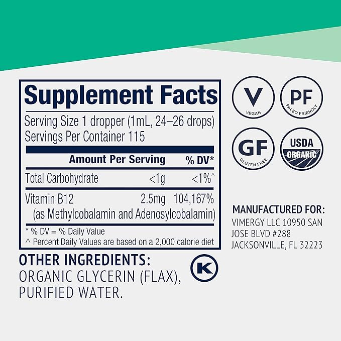 Vimergy Liquid B12 – Fast-Absorbing Brain Support – Energy Support Supplement – USDA Certified Organic, Vegan, Non-GMO – 115 Servings (115 mL)