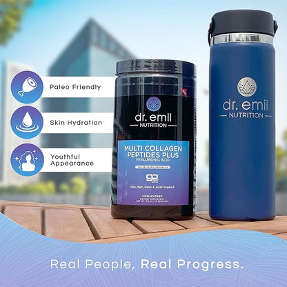 DR. EMIL NUTRITION Multi Collagen Peptides Powder - 20g of Unflavored Hydrolyzed Collagen Protein Powder with Hyaluronic Acid for Hair, Skin, Nails and Joints - 15 Servings