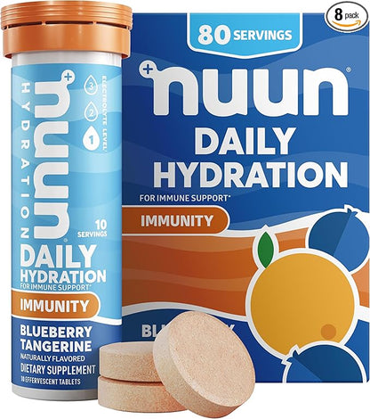 Nuun Immunity: Antioxidant Immune Support Hydration Supplement with Vitamin C, Zinc, Turmeric, Elderberry, Ginger, Echinacea, and Electrolytes. Flavor: Blueberry Tangerine, 8 tubes (80 servings)