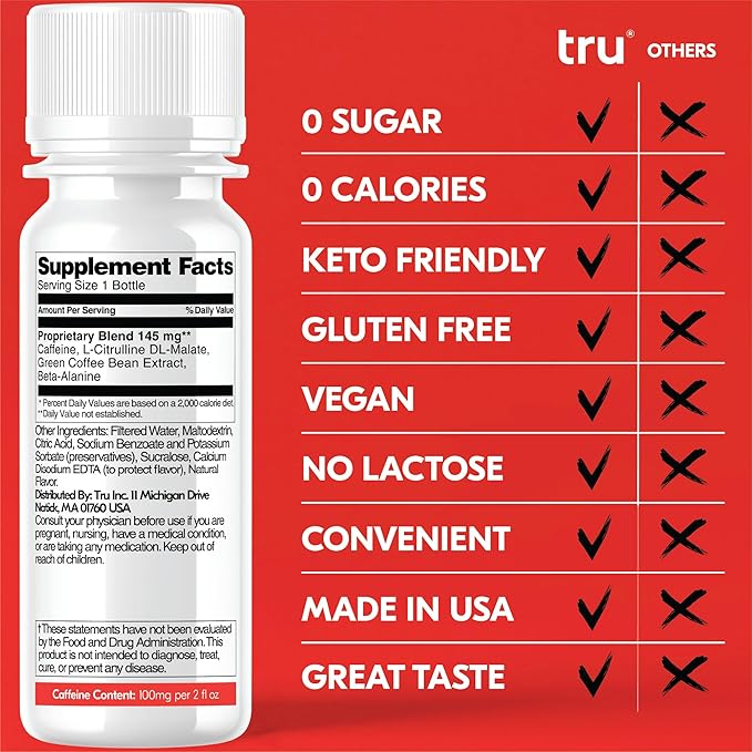 Tru Power Shot, Pre Workout Extra Strength Energy Shots with BCAAs, Watermelon Flavored Shots, 100 mg Natural Caffeine, Kosher, Gluten Free, Low Calories, Zero Sugar Supplement, 2oz (Pack of 12)