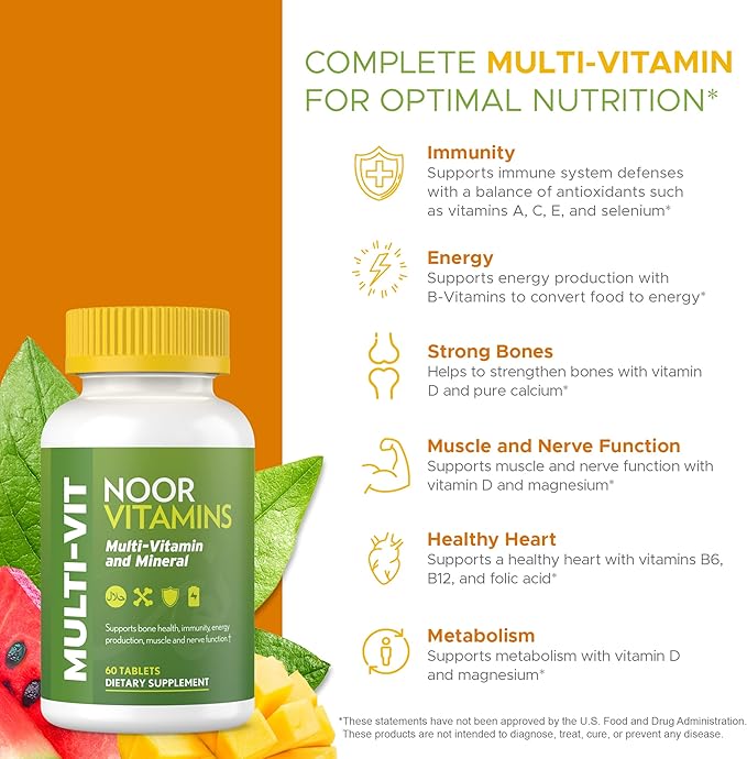 Noor Vitamins Halal Vitamins, Daily Multivitamin, Halal Vitamin for Women and Men, 30 Vitamins & Minerals, A, B12, C, Iron, Zinc to support general health, Non-GMO, Halal Multivitamin (2 Month Supply)