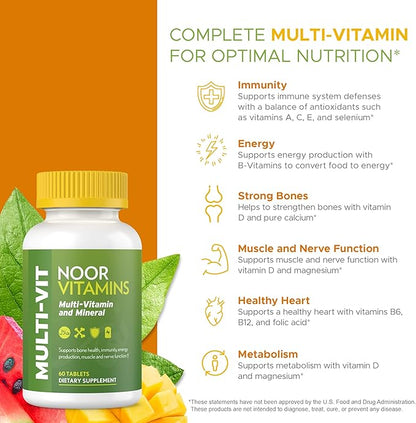 Noor Vitamins Halal Vitamins, Daily Multivitamin, Halal Vitamin for Women and Men, 30 Vitamins & Minerals, A, B12, C, Iron, Zinc to support general health, Non-GMO, Halal Multivitamin (2 Month Supply)