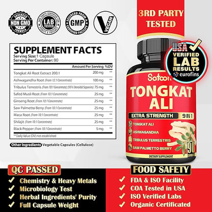 Satoomi Tongkat Ali Root Extract 200 for Men with 9 Herbs Ashwagandha, Tribulus Terrestris & More - Strength, Mind, and Immune Support - 90 Capsules - 3 Month Supply