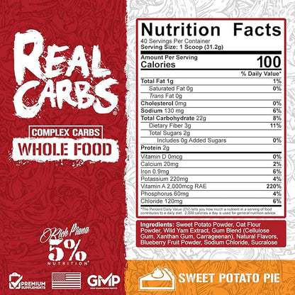 Rich Piana 5% Nutrition Real Carbs with Real Food Complex Carbohydrates, Long-Lasting Low Glycemic Energy for Pre-Workout/Post-Workout Recovery Meal, 2.75 lb, 40 Servings (Sweet Potato Pie)