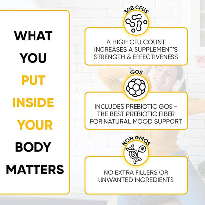 Lifted Naturals Mood Boosting Probiotic 30 Billion CFU - Mood Support Supplement, Prebiotics and Probiotics for Women & Men, Acidophilus Lactobacillus Probiotic, Shelf Stable & Non-GMO, 60 Capsules