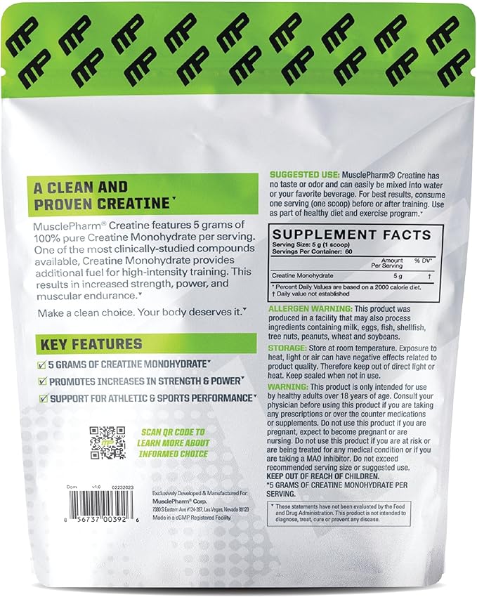 MusclePharm Essentials Creatine Monohydrate Powder, Pre Workout Muscle Builder & Post Workout Muscle Recovery Supplement, Ultra-Pure 100% Monohydrate Creatine Powder, 60 Servings, Unflavored