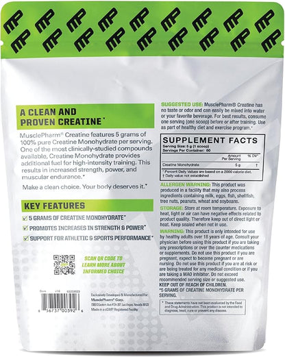 MusclePharm Essentials Creatine Monohydrate Powder, Pre Workout Muscle Builder & Post Workout Muscle Recovery Supplement, Ultra-Pure 100% Monohydrate Creatine Powder, 60 Servings, Unflavored