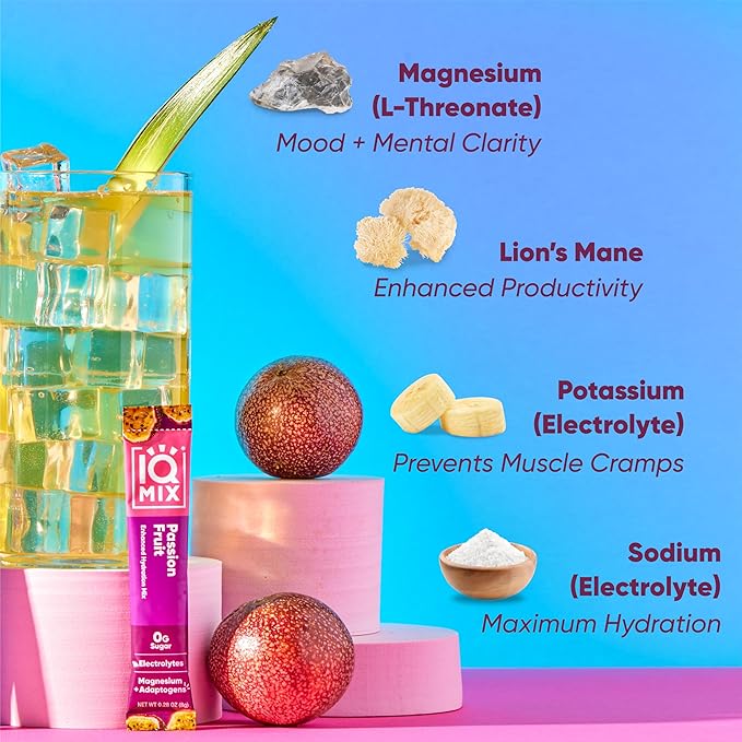IQMIX Sugar Free Electrolytes Powder Packets - Hydration Supplement Drink Mix with Keto Electrolytes, Lions Mane, Magnesium L-Threonate, and Potassium Citrate - Passion Fruit (40 Count)