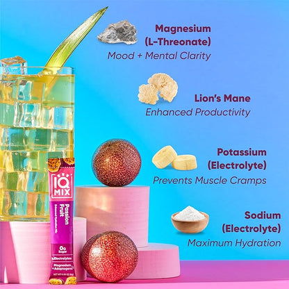 IQMIX Sugar Free Electrolytes Powder Packets - Hydration Supplement Drink Mix with Keto Electrolytes, Lions Mane, Magnesium L-Threonate, and Potassium Citrate - Passion Fruit (40 Count)