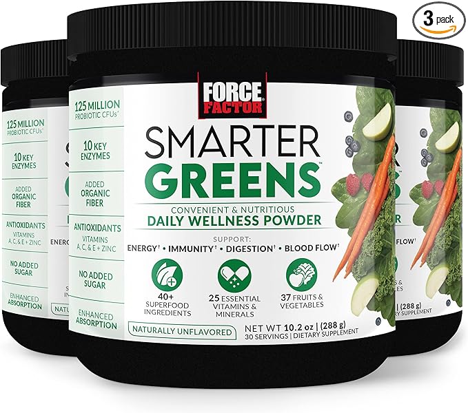 Force Factor Smarter Greens Daily Wellness Powder 3-Pack to Support Energy, Immunity & Digestion, Greens Powder, Superfood Powder with Vitamins, Minerals & Probiotics, Unflavored, 90 Servings