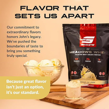 Granite Supplements The Meadows Whey Protein Isolate - (30 Servings) Whey Protein Powder - 140 Calories, 1g Fiber, 1g Sugar Protein Whey for Lean Muscle - Vanilla Ice Cream Flavored Protein Powder