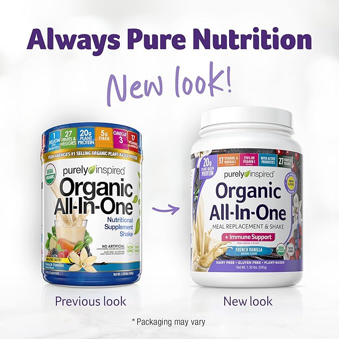 Purely Inspired All-in-One Vegan Protein Powder for Men & Women, French Vanilla (16 Servings) - Plant-Based Organic Protein Powder for Shakes & Smoothies - Gluten-Free Nutritional Meal Replacement