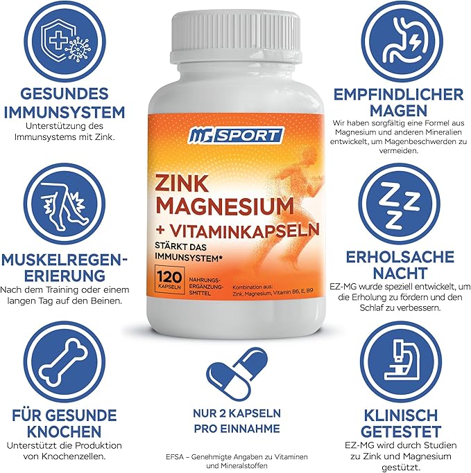 Magnesium Zinc Supplement with Vitamins B6, B9, High Absorption Zinc Magnesium Combination for Immune Support, Muscle Recovery, EZ-MG Easy on Stomach, 120 Capsules