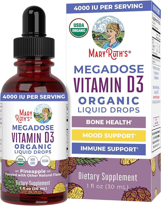MaryRuth Organics Vitamin D3 Liquid Drops | Megadose 4000 IU | USDA Organic Liquid Vitamin D Spray for Adults & Kids | Immune Support & Bone Health | Vegan | Gluten Free | Non-GMO | 30 Servings