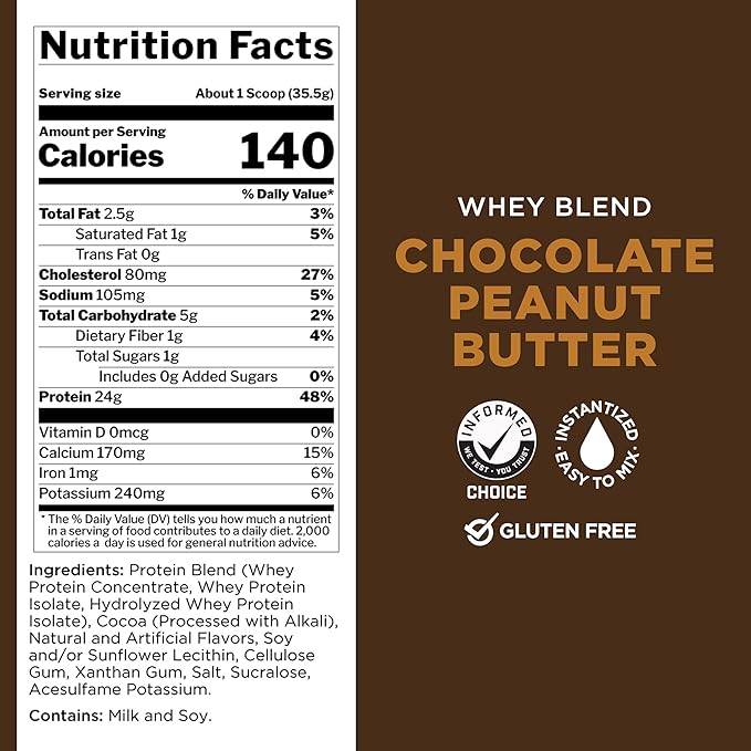 Rule One Proteins, R1 Whey Blend- Chocolate Peanut Butter, 24g Fast-Acting Whey Protein Concentrates, Isolates, and Hydrolysates Per Serving, with Naturally Occurring EAAs and BCAAs, 5lbs