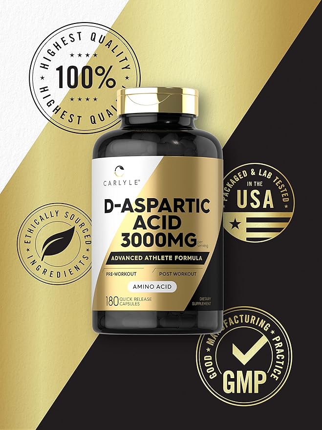 Carlyle D Aspartic Acid Capsules (DAA) | 3000mg | 180 Count | Non-GMO, Gluten Free Supplement | Advanced Athlete Formula