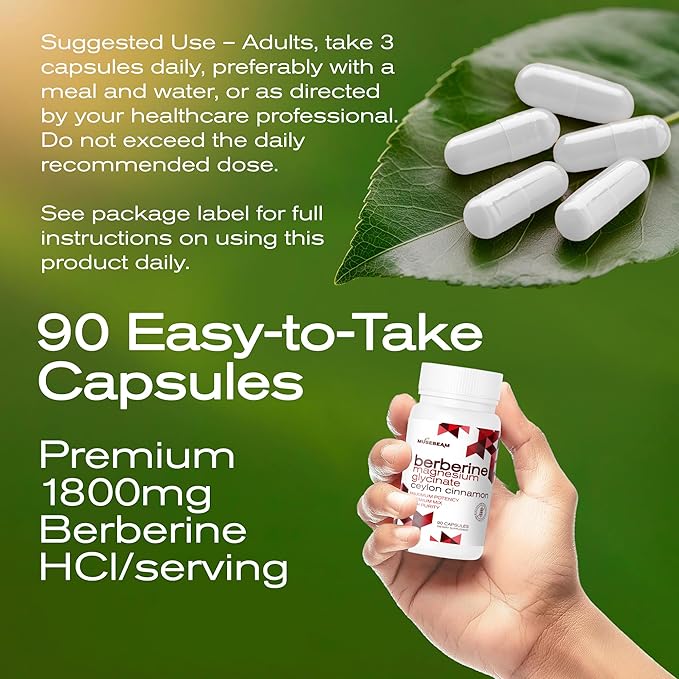 Berberine HCL Magnesium Glycinate Supplement - 1800mg High Purity Capsules with Ceylon Cinnamon - Vegan Friendly Non-GMO Gluten-Free Sugar Free Pill for Men Women