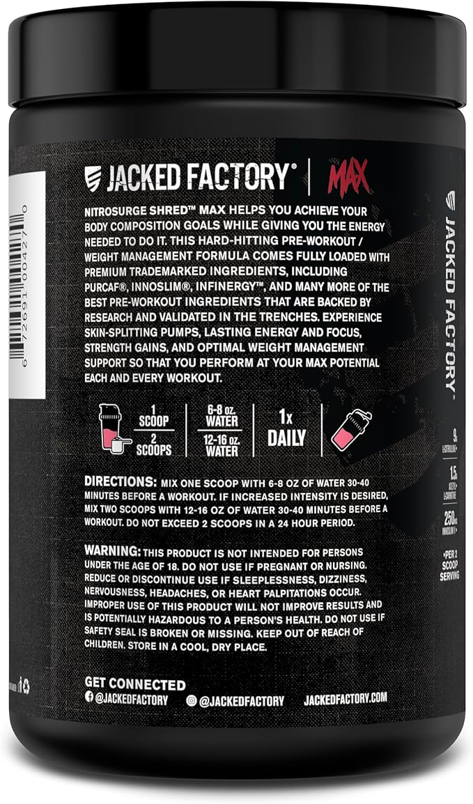 Nitrosurge Shred Max Preworkout - High-Performance Thermogenic Pre Workout Powder for Men and Women with L Citrulline, Acetyl L Carnitine, Organic Caffeine - 40 Servings, Watermelon Peach