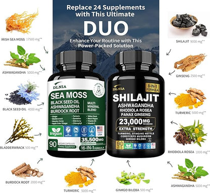 Shilajit 9000mg, Sea Moss 17500mg, Ginger & Black Seed Oil 4000mg, Ashwagandha 5000mg, Rhodiola Rosea, 1000mg Panax Ginseng 1500mg, All in 1 Supplement - Sea Moss & Shilajit Vitality Bundle
